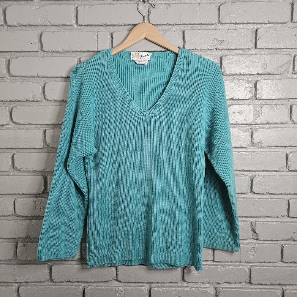 Vintage Pringle Of Scotland Womens Sweater Small Teal Cotton‎